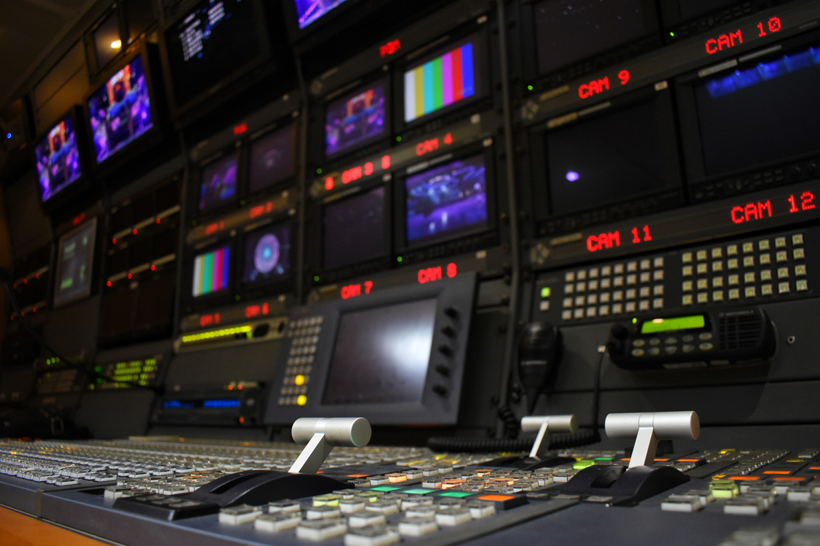 Broadcast equipment in outside broadcasting van.